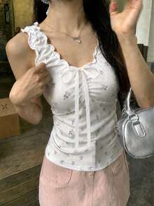 FRIFUL Women's Summer Casual Vacation Ditsy Floral V-Neck Frill Bow Decor Ruched Bust Fitted Tank Top - White - View 6