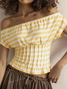 Travachic Pastel Yellow Off-Shoulder Waist-Cinching Women's T-Shirt Vacation Summer Sexy Tropical - Light Yellow - View 3