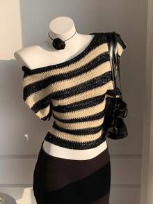 Comfortcana Women's Colorblock Striped Knit Top - Black and White - View 5