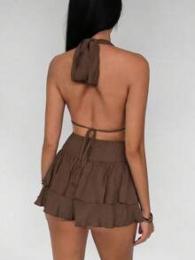 TRNVIE Women's Sexy Tropical Halter Neck Deep V Summer Jumpsuit Party Beach Vacation Night Out Coffee Brown - Khaki - View 2