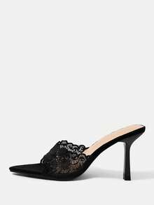 CUCCOO HITCHD 女款刺繡蕾絲尖頭細高跟涼鞋 夏季鞋 - 黑色 - 查看 7