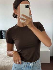 DAZY 1pc Women's Solid Color Crew Neck Fitted Short Sleeve T-Shirt - Coffee Brown - View 9