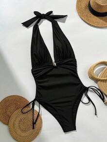 Swim Chiccia 女士沙滩连衣裙，纯色闪光面料，金属装饰，深V领设计，侧边抽绳，时尚休闲度假优雅性感高端连体泳衣 - 黑色 - 查看 2