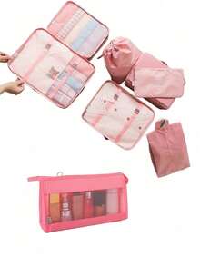 9pcs/7pcs/1pc Travel Organizer Set, Packing Cubes, Clothes Storage Bags, Toiletry Bag, Makeup Bag, Data Cable Organizer, Shoe Bag, Underwear Pouch, Garment Organizer, Suitable For Shirts, Lingerie, Clothing, Cosmetics, Lipsticks, Eyeshadow, Foundation, Brushes And Toiletries Like Toothbrush, Toothpaste, Facial Cleanser, Toner, Lotion, Cream, For Travel, Hospitalization, Packing Luggage, Dorm, School, Vacation - Multicolor - View 9