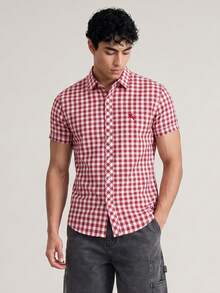 Chillumni Red Short Sleeve Plaid Shirt With Unique Embroidered Logo, Fresh Checked Casual Versatile Fashion Summer Casual Shirt - Red - View 1