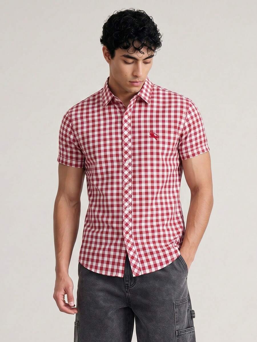 Chillumni Red Short Sleeve Plaid Shirt With Unique Embroidered Logo, Fresh Checked Casual Versatile Fashion Summer Casual Shirt - Red - View 1