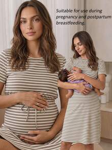 Slowluna Vestido de maternidad a rayas para lactancia, casual para uso diario y salidas - Albaricoque - Ver 1