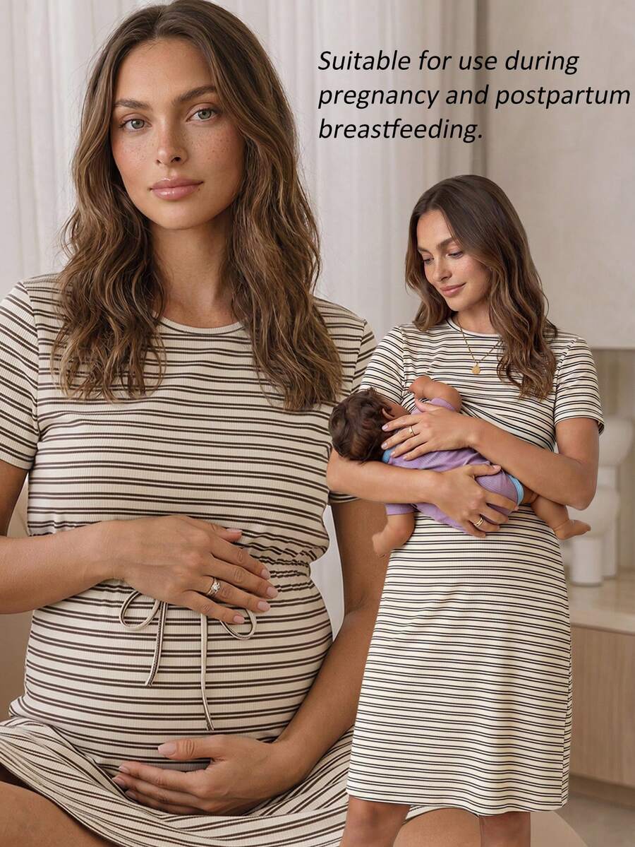 Slowluna Vestido de maternidad a rayas para lactancia, casual para uso diario y salidas - Albaricoque - Ver 1