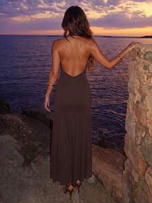 SHEIN Allurite Dunkelbraunes langes Damenkleid mit Neckholder und dekorativer Schnalle, sexy Sommerkleid für den Urlaub - Braun - Übersicht 3