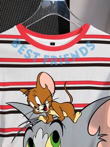 TOM & JERRY X SHEIN 女款條紋圓領短袖休閒寬鬆版型T恤 - 白色 - 查看 3