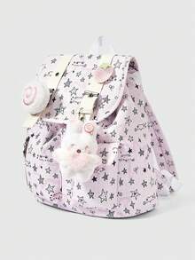 ROMWE Anime Cute College Style Star Printing Multi-Pocket Large-Capacity Backpack, With Strawberry Fish Cake Doll Pendant, Suitable For Commuting, School, Etc - Pink and black stars - View 2