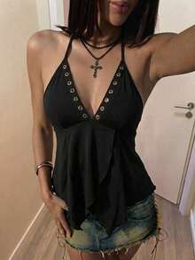 SHEIN ICON Damen einfarbiges Haltertop mit Ösen-Dekor, lässig und vielseitig für den Alltag - Schwarz - Übersicht 1