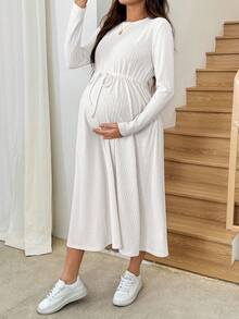SHEIN 孕婦純色休閒日常長袖洋裝 - 白色 - 查看 5