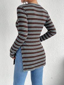 SHEIN Frenchy Solid Split Grain Fabric Round Neck Hem Ribbed Knit Tee - Multicolor - View 2