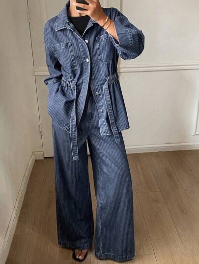 Livesso Dames herfst set met blauw verticaal gestreept denim overhemd met lange mouwen, strikceintuur en zakken, en een losse denim broek met rechte pijpen