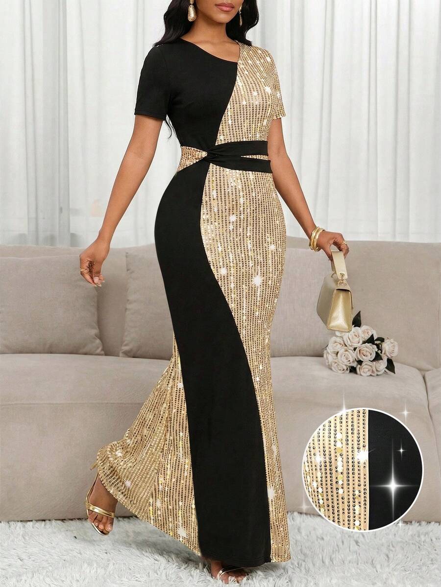 SHEIN Lady Plus Size Rhinestone Decor Sequin Mermaid Dress For Women,Elegant Black Winter Formal Evening Formal Long Dress For Wedding Guest Party Graduation - Multicolor - View 1
