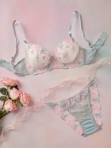 Elorette 2pcs Light Blue Underwire Molded Cup High Support Push Up Comfy Balconette Embroidered Floral Pattern Romantic Pastoral Women's Lingerie Set - Green - View 6