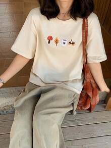 FRIFUL Women's Spring/Summer 100% Cotton Solid Color Short Sleeve Embroidered Printed Loose Casual Versatile T-Shirt - White - View 2