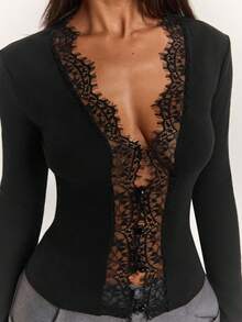 SHEIN BAE Women's Lace Patchwork Fitted Versatile Daily Casual Long Sleeve Top - Apricot - View 7