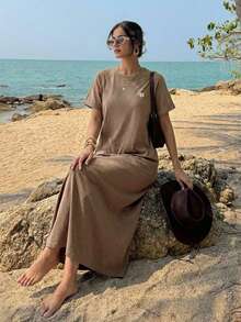 FRIFUL Women Brown Long Embroidered Graphic Print Summer Dress Sundress - Brown - View 15