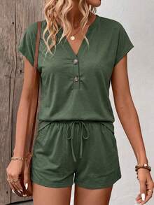 Zayélia Spring And Summer New Fashionable And Casual Military Green Short-Sleeved T-Shirt + Shorts Set - Army Green - View 5