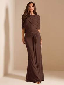 SHEIN BAE Autumn Dark Brown Mesh Shawl Evening Gown, High Neck Draped Pleated Tie-Up Fitted Mermaid Long Dress, Elegant Wedding Formal Guest Party Dress - Coffee Brown - View 5