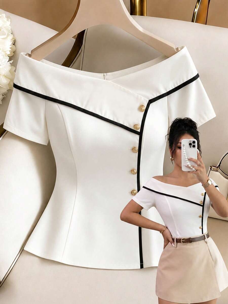 SHEIN Franclia Women's Spring/Summer Elegant Sophisticated Outing Date Commute , Colorblock Overlap Off-Shoulder Cinched Waist A-Line Metal Buckle Decor Short Sleeve Blouse - Multicolor - View 1