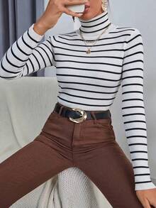 SHEIN 女款條紋拼接高領修身百搭長袖針織衫 - 黑與白 - 查看 5