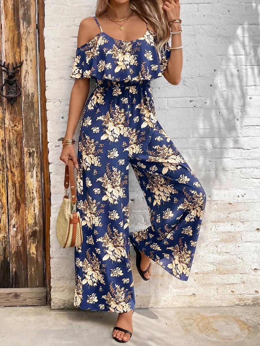 SHEIN Clasi 女款春夏優雅浪漫度假風細肩帶連身褲 - 藏蓝色 - 查看 1