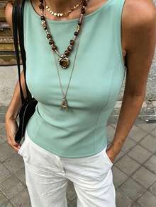 Cévolie 女款簡約性感露背繫帶背心 - 薄荷藍 - 查看 1