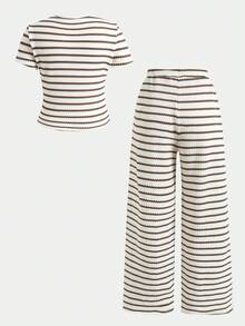SHEIN Kids Tween Girl Striped Colorblock Crew Neck T-Shirt And Drawstring Waist Loose Pants Set - Black and White - View 4