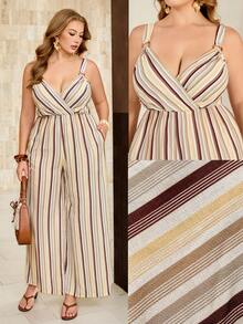 Roveilla Damen-Jumpsuit in großen Größen mit Spaghettiträgern, V-Ausschnitt, Ring-Schnallen-Dekor, elastischem Bund, lockerem weitem Bein und Seitentaschen, mehrfarbig gestreift, französischer eleganter Vintage-Stil, formell für Büro und Pendeln, lässig für Strand, Urlaub, Western-Streetstyle, minimalistisch, vielseitig, für Nachmittagstee, Party, Zuhause und Lässig, bequem, Boho, Frühling/Sommer, neu - Verschiedenfarbig - Übersicht 1