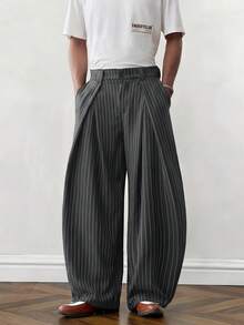 SWAVVY Men's Fashion Commuter Striped Curved Leg Pants - Grey - View 1