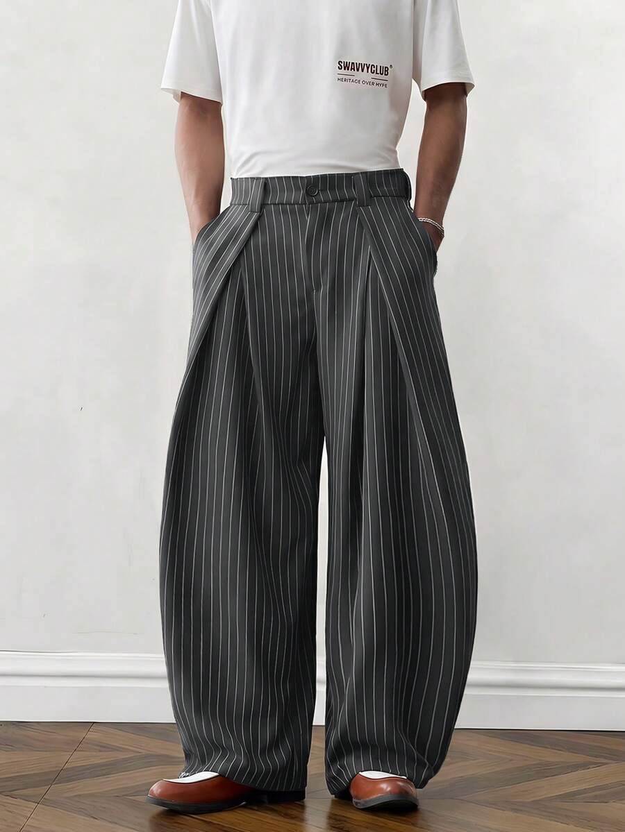 SWAVVY Men's Fashion Commuter Striped Curved Leg Pants - Grey - View 1