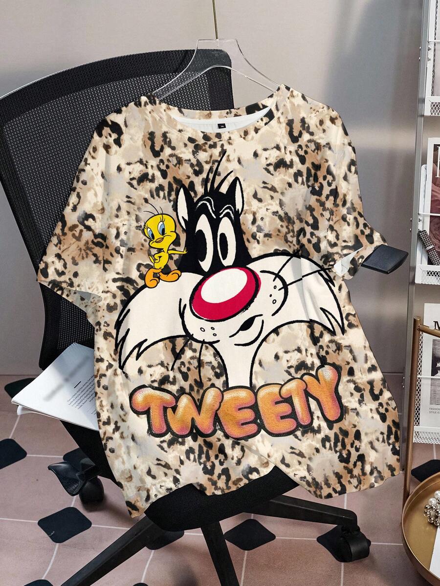 LOONEY TUNES X SHEIN Plus Size Women's Letter & Leopard Print Short Sleeve Casual Loose Fit T-Shirt - White - View 1