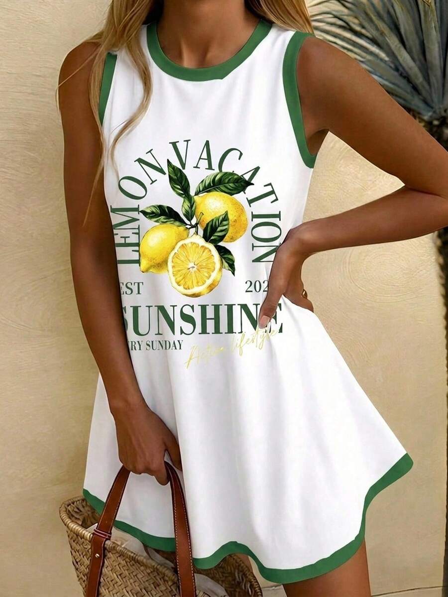 SHEIN EZwear 休閒簡約檸檬印花女款洋裝,適合夏季穿著 - 白色 - 查看 1