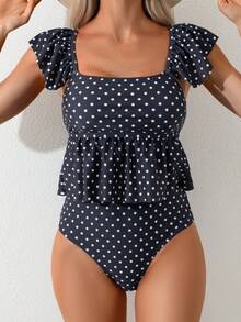 Swim Lushoire 女款黑白波點方領荷葉袖荷碼兩件式泳衣，高腰收腹短版背心上衣配蛋糕下擺與比基尼泳褲 - 彩色 - 查看 3
