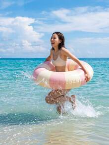 One Adult Double Backrest Floating Bed Float Board Swimming Ring, Life Buoy (Handle Color Random), Newly Designed Pink Inflatable Swimming Ring With Handle, White And Pink Inflatable Rings In Summer. - Multicolor - View 4