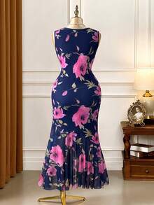 Rometta Plus Size Women's Elegant Knit Sleeveless Mesh Pink Floral Digital Print Double Layer Long Dress - Navy Blue - View 2