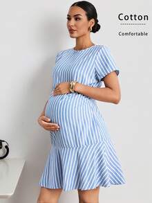 MaterniWear 孕婦工作拍照夏季休閒優雅度假日常通勤對比色條紋印花荷葉邊下擺洋裝 - 藍色 - 查看 3