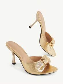 CUCCOO CHICEST Spring And Summer New Retro Gold Bow Stiletto Women's Sandals Open-Toed Mules Slippers Commuter Dating Party Versatile High Heels Women's Shoes - Gold - View 1