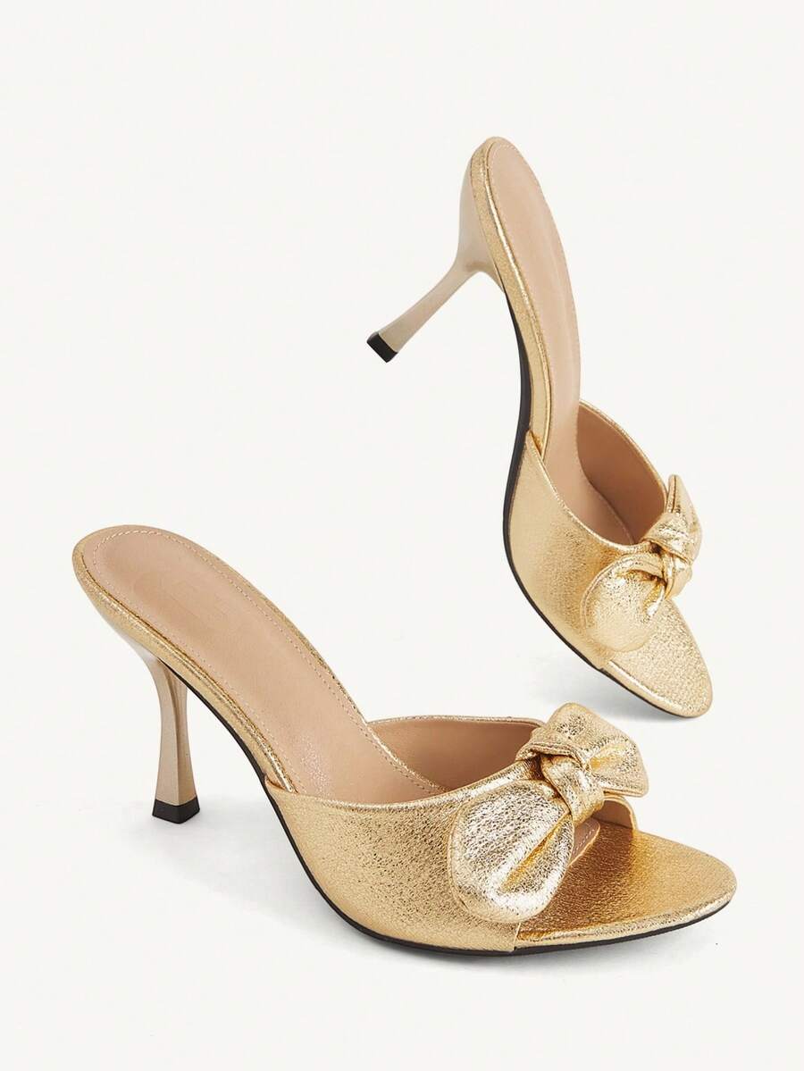 CUCCOO CHICEST Spring And Summer New Retro Gold Bow Stiletto Women's Sandals Open-Toed Mules Slippers Commuter Dating Party Versatile High Heels Women's Shoes - Gold - View 1