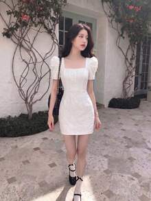 SHEIN MOD Jacquard Square Neck Puff Sleeve Corset Structure Dress - White - View 4
