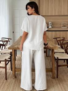 Weeklong Women's Plus Size Spring/Summer Casual Vacation Round Neck Dolman Sleeve Asymmetrical Hem Button Contrast Color Loose Striped 2-Piece Set - White - View 2