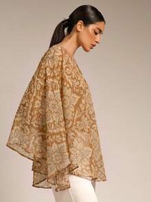 COSMINA Women's Elegant Floral Print Loose Batwing Sleeve Blouse, Versatile For Spring, Summer, Autumn, Winter, Commuting, Office, Outings, Spring Dates, Daily Wear, Wedding Season, Wedding Guest, Beach Vacation - Brown - View 7