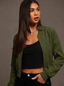 Siren Gaze Chaqueta Bomber Cortavientos con Cremallera para Otoño/Invierno - Verde militar - Ver 7