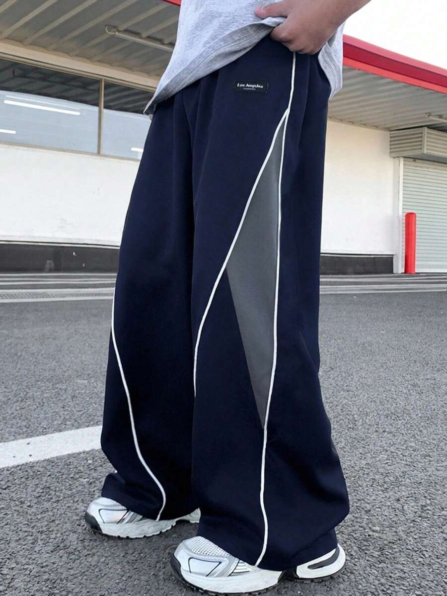 SHEIN 青少年男孩休閒寬鬆配色拼接長褲 - 藏蓝色 - 查看 1