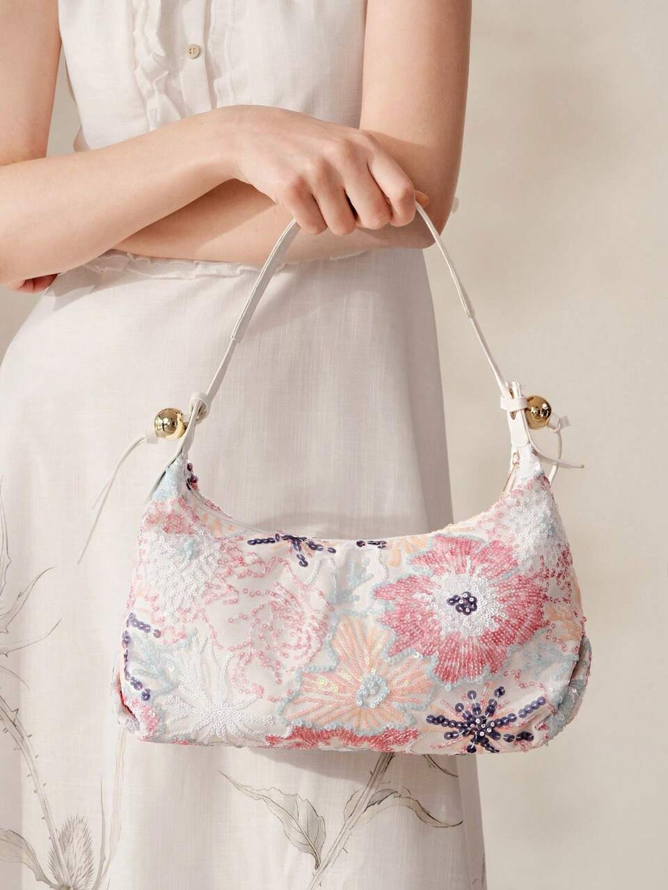 WOMEN'S FASHION WHITE SHOULDER BAG, SEQUIN BAG, FLORAL PATTERN, EMBROIDERY BAG, DINNER OCCASION, PARTY DRESS UP, PROM BAG, PROM ACCESSORIES, WEDDING SUPPLIES, ELEGANT LADIES HANDBAG, WOMEN'S GIFT (RANDOM PATTERN)