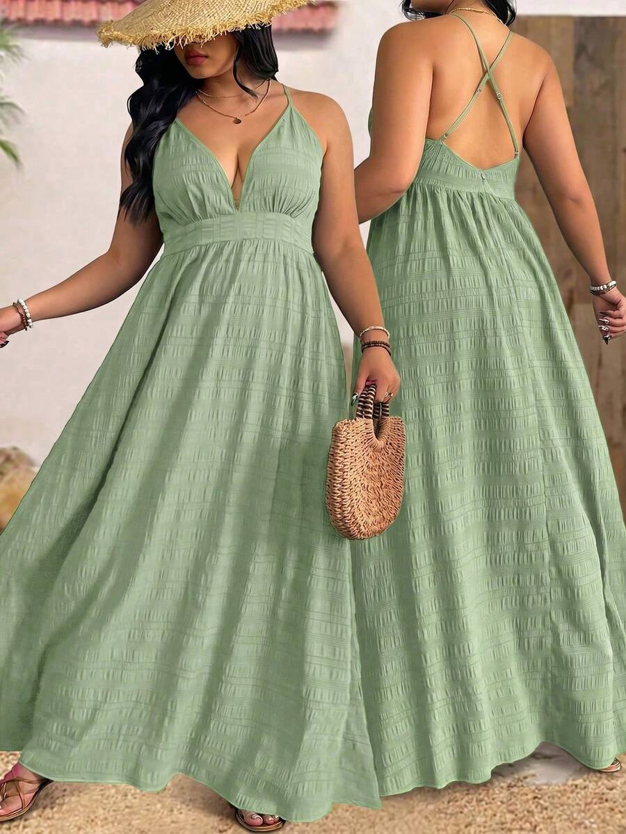 Sunserae Plus Size Women Summer Spaghetti Strap Textured Belt Beach Vacation Dress - Mint Green - View 1
