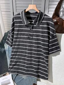 Comfortcana 大尺碼女款條紋水洗 Polo 領 T 恤，適合休閒穿著 - 黑色 - 查看 3